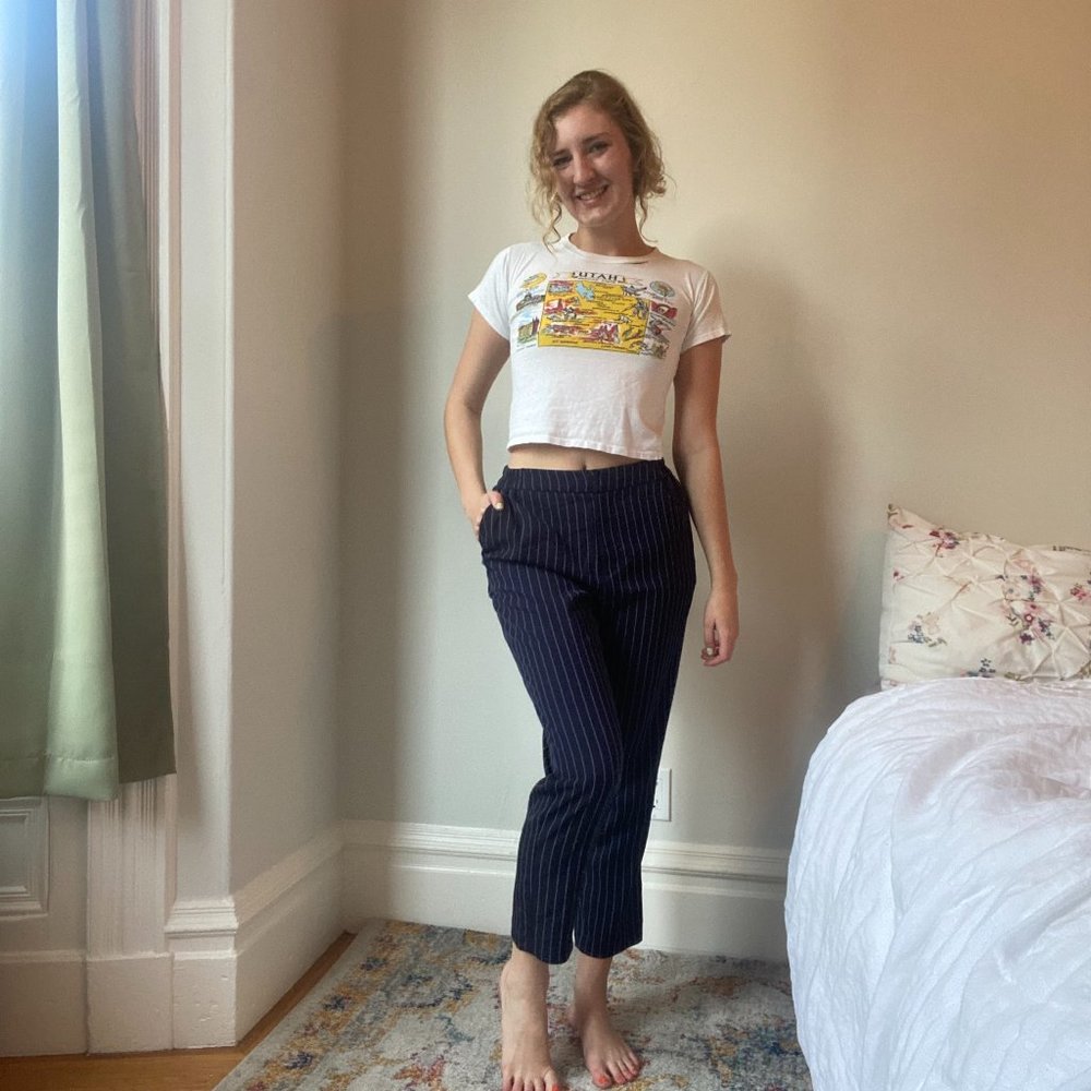 Mid-rise Tapered Ankle Length Navy Pinstripe Work Pants Size S